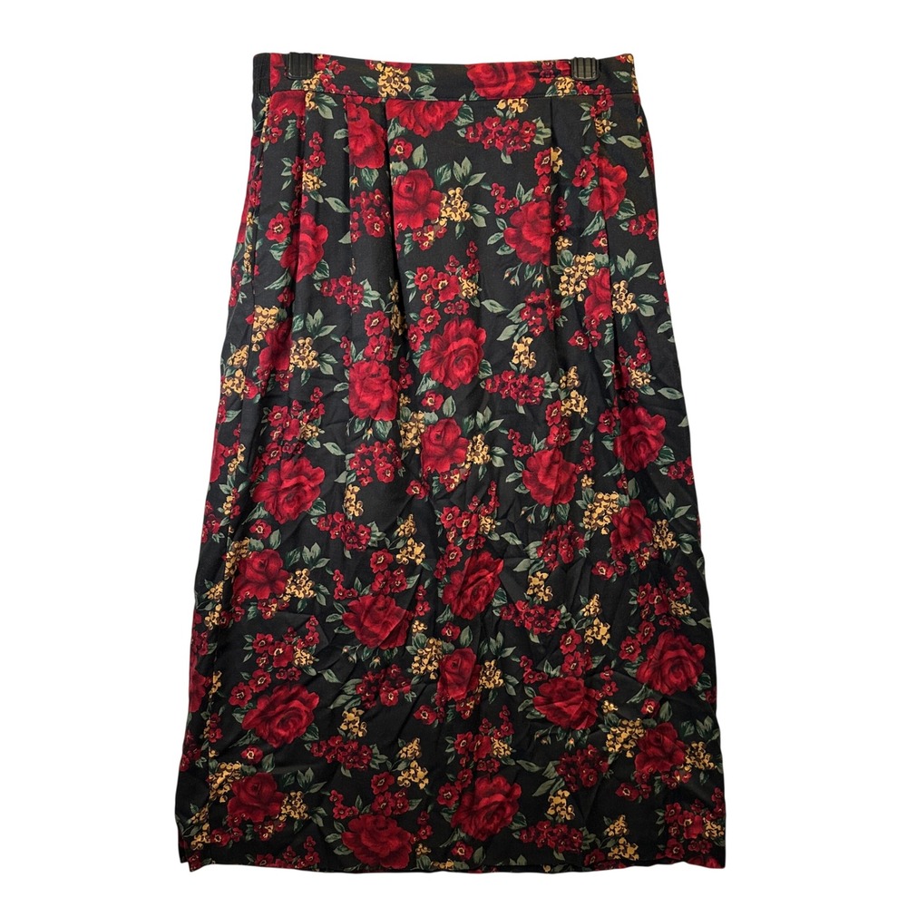Vintage 90s Floral Maxi Skirt Black Red‎ Rose Rayon Size 10 Dark Academia Goth